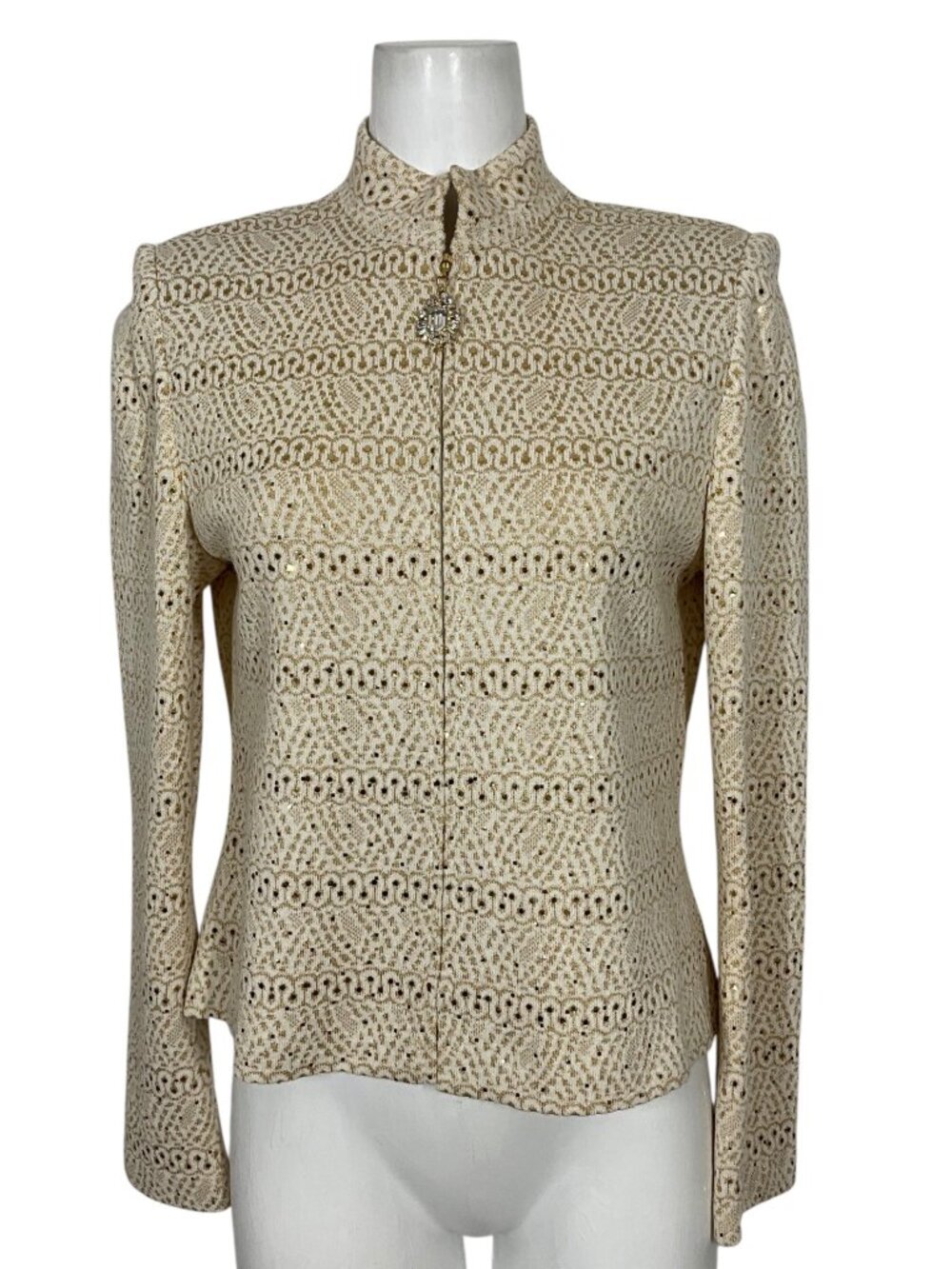 St. John Evening Vintage Embellished Knit Jacket 8 Cream Gold Zipper Front - Picture 10 of 16